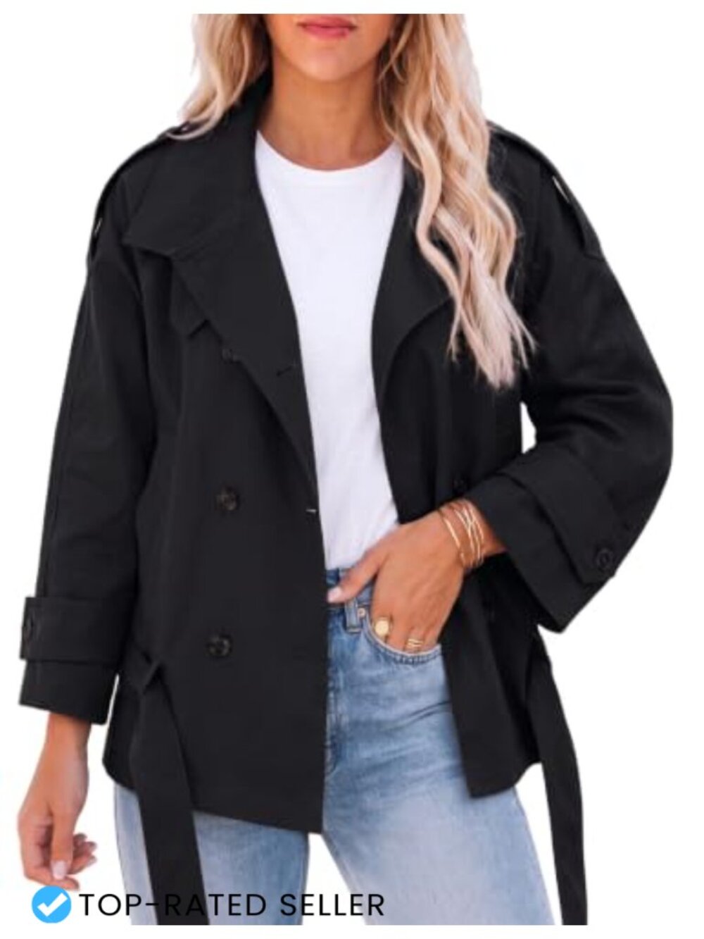 Women's Cropped Trench Coat Double Breasted Belted Raglan Sleeve